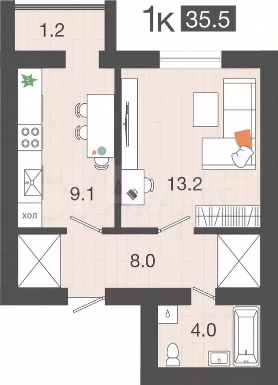 1-к. квартира, 35,5 м, 3/4 эт. - Фото 1
