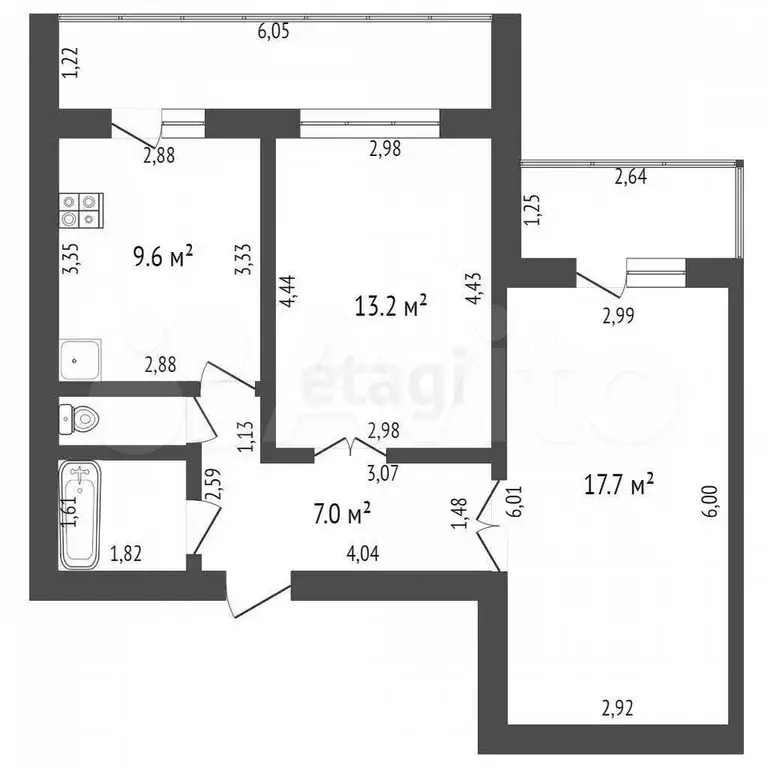 2-к. квартира, 51,6 м, 4/9 эт. - Фото 0