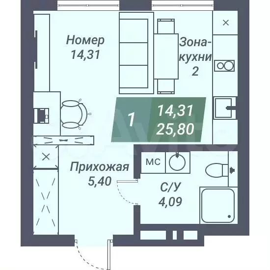 Апартаменты-студия, 25,8 м, 4/23 эт. - Фото 0