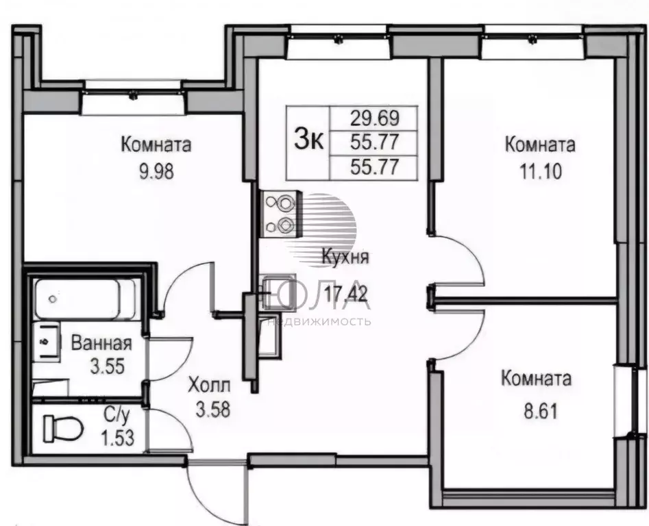 3-к кв. Санкт-Петербург ул. Ивинская, 19к1 (63.0 м) - Фото 2