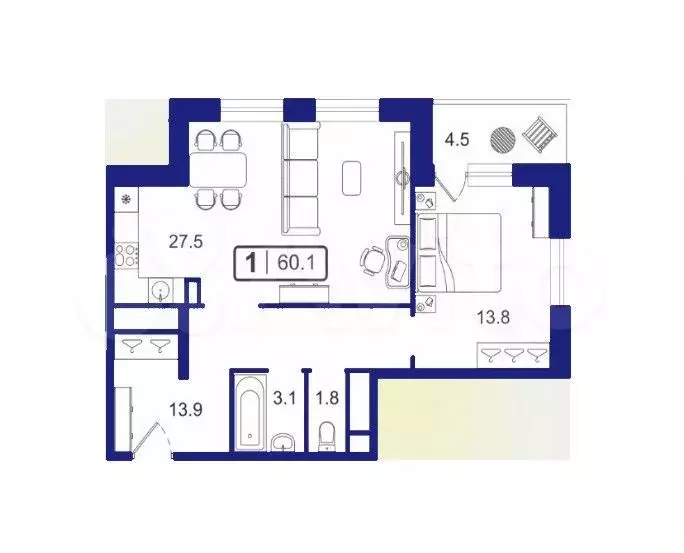 1-к. квартира, 60 м, 3/24 эт. - Фото 1