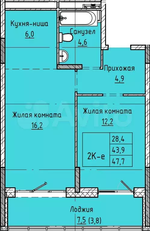 2-к. квартира, 47,7 м, 6/12 эт. - Фото 1