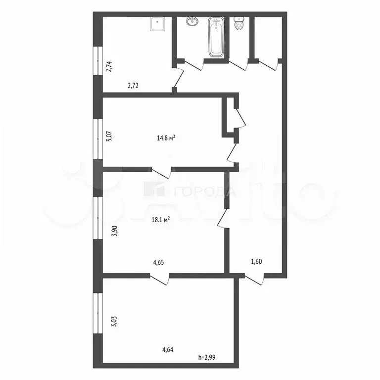 3-к. квартира, 74,6 м, 3/5 эт. - Фото 0