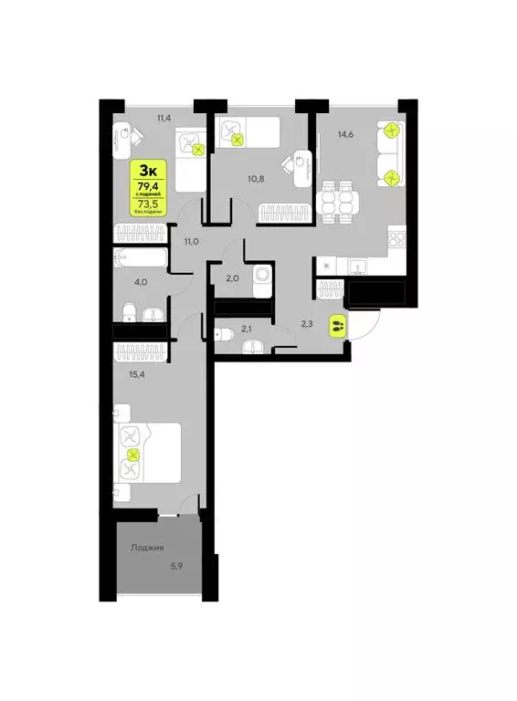 3-комнатная квартира: Тюмень, улица Андрея Приказнова, 1 (79.4 м) - Фото 1