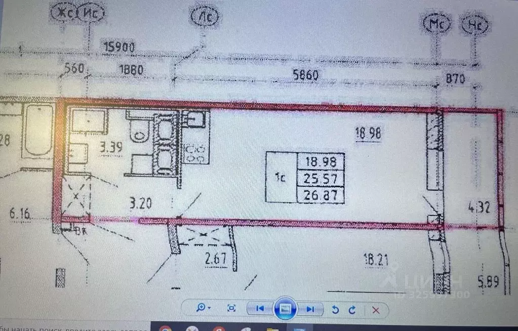 Студия Санкт-Петербург аллея Арцеуловская, 23к1 (25.6 м) - Фото 1