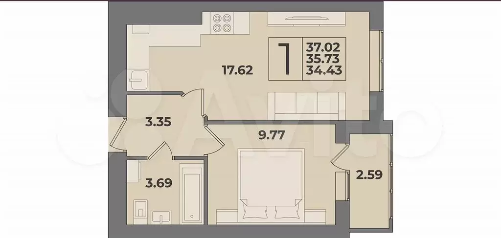 1-к. квартира, 37 м, 3/9 эт. - Фото 1