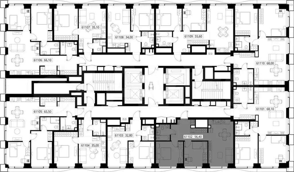 2-к. квартира, 56,4м, 11/48эт. - Фото 1