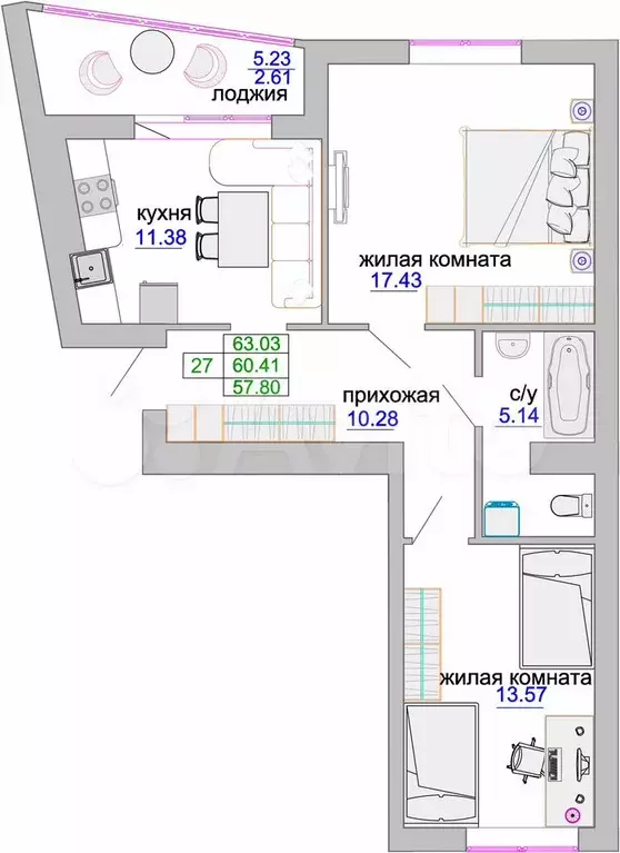 2-к. квартира, 63 м, 8/9 эт. - Фото 1