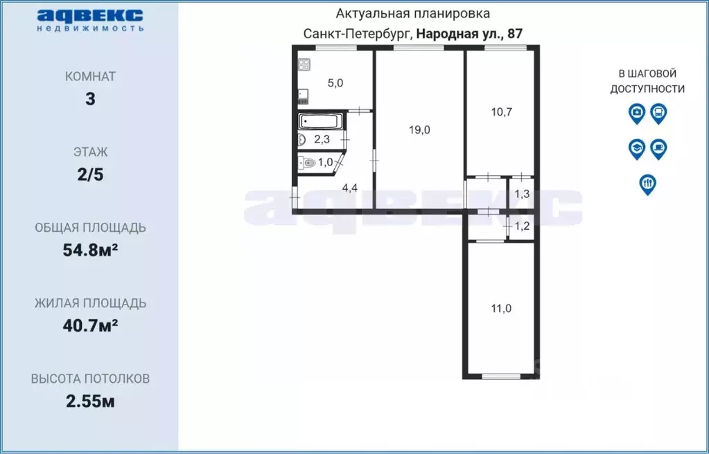 3-к кв. Санкт-Петербург Народная ул., 87 (54.8 м) - Фото 1