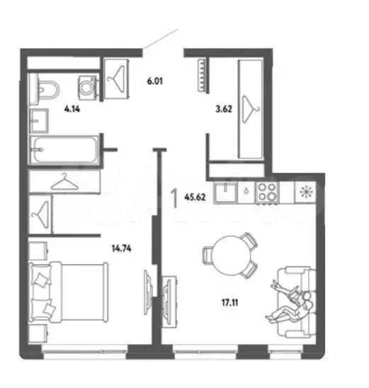 1-к. квартира, 45,6 м, 2/9 эт. - Фото 0