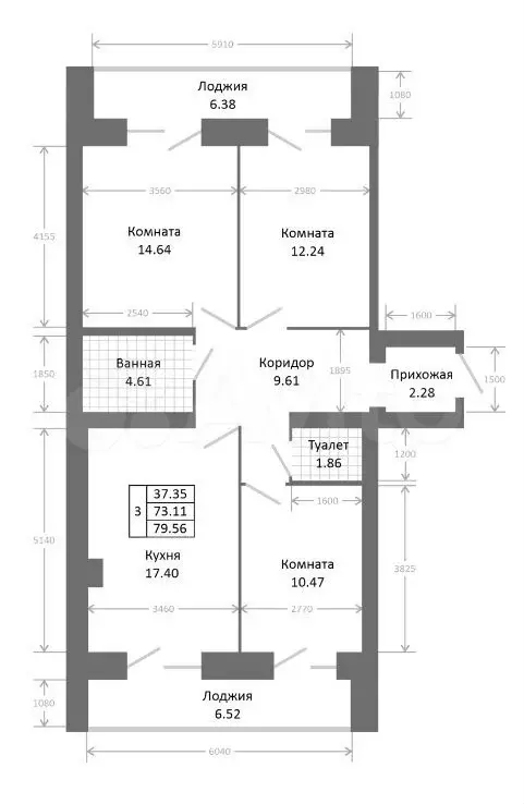 3-к. квартира, 79,6 м, 7/9 эт. - Фото 0