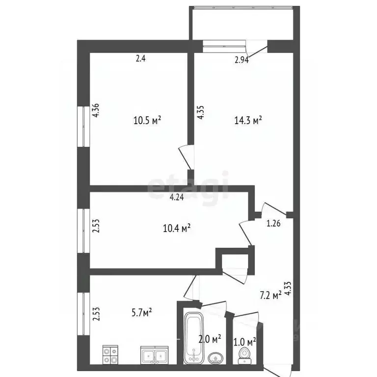3-к кв. Башкортостан, Бирск Интернациональная ул., 116А (51.4 м) - Фото 2