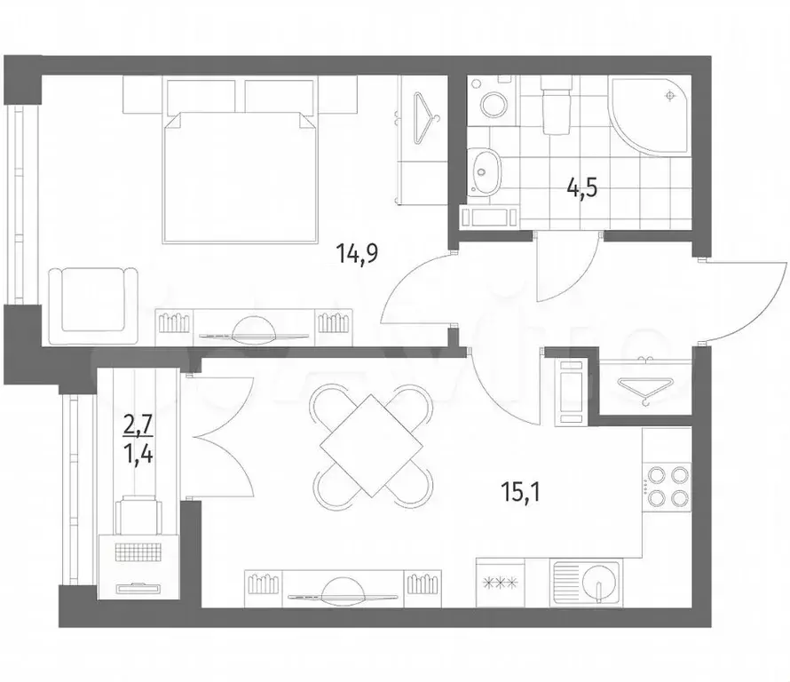 1-к. квартира, 40,1 м, 2/8 эт. - Фото 1