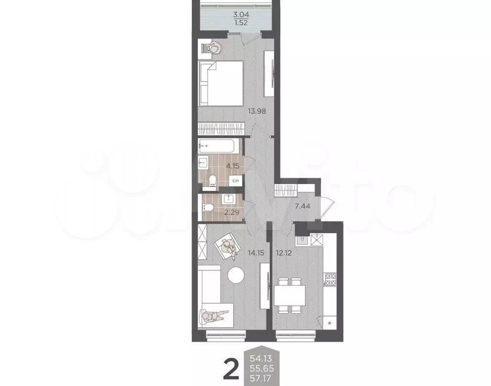 2-к. квартира, 55,7 м, 8/9 эт. - Фото 1