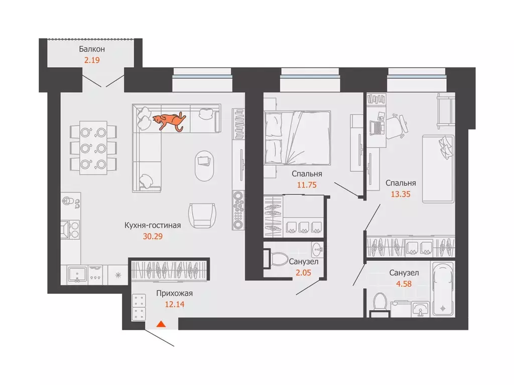 2-к квартира, 75 м - Фото 0