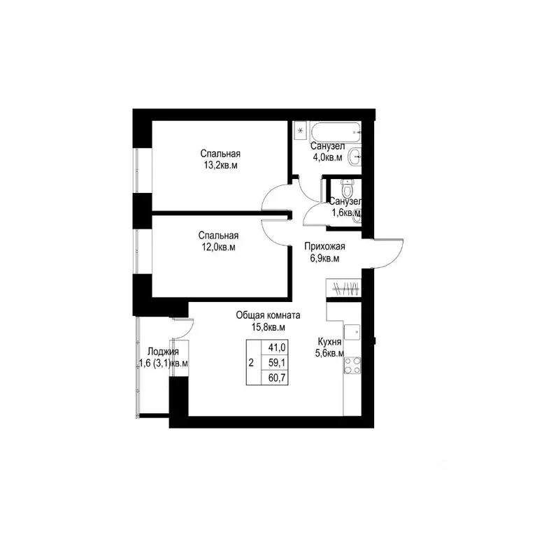 2-к кв. Татарстан, Альметьевск  (60.7 м) - Фото 1