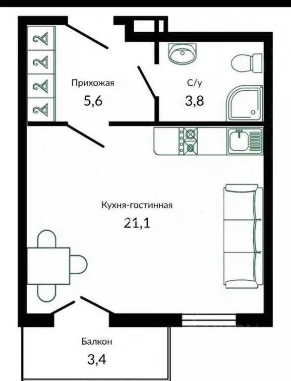 Студия Краснодарский край, Сочи ул. Искры, 66/9 (33.9 м) - Фото 2