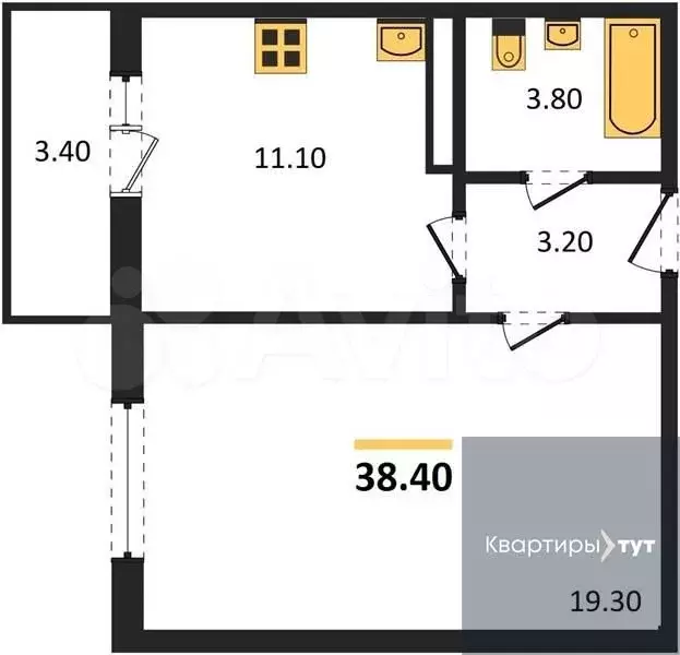 1-к. квартира, 38,4 м, 3/10 эт. - Фото 0