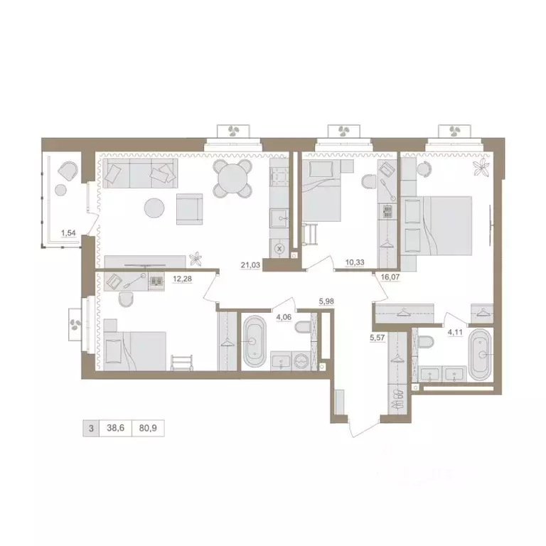 3-к кв. Башкортостан, Уфа бул. Яркий (80.26 м) - Фото 0