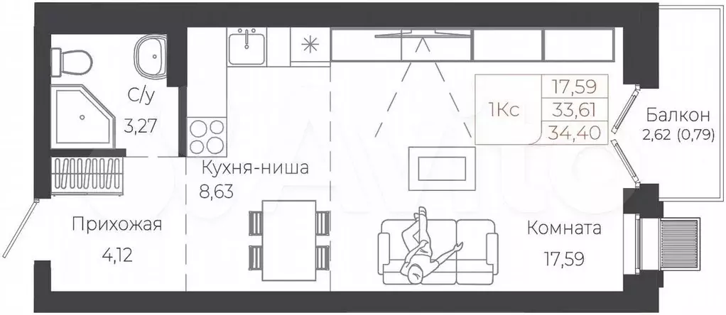 1-к. квартира, 34,4 м, 4/8 эт. - Фото 1