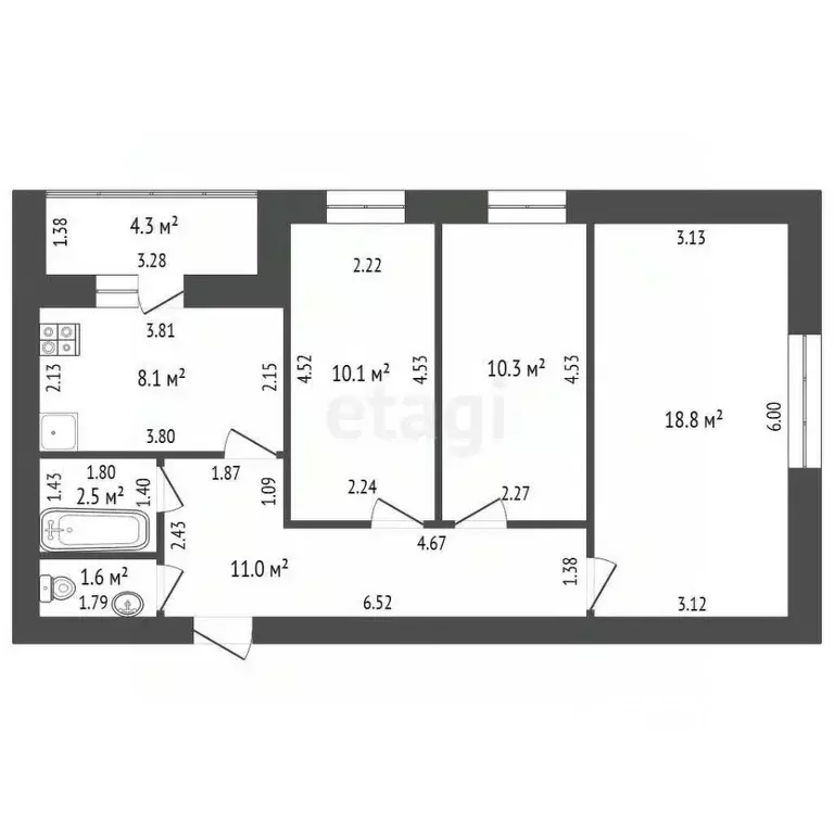 3-к кв. Башкортостан, Стерлитамак ул. Строителей, 24 (62.4 м) - Фото 1