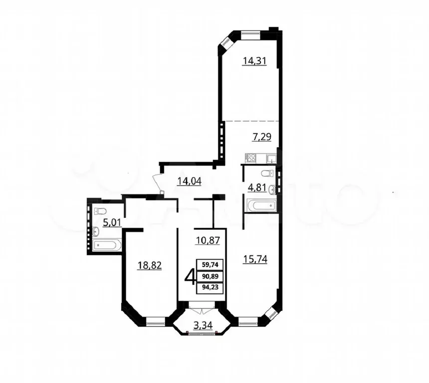 3-к. квартира, 94,2 м, 4/7 эт. - Фото 1