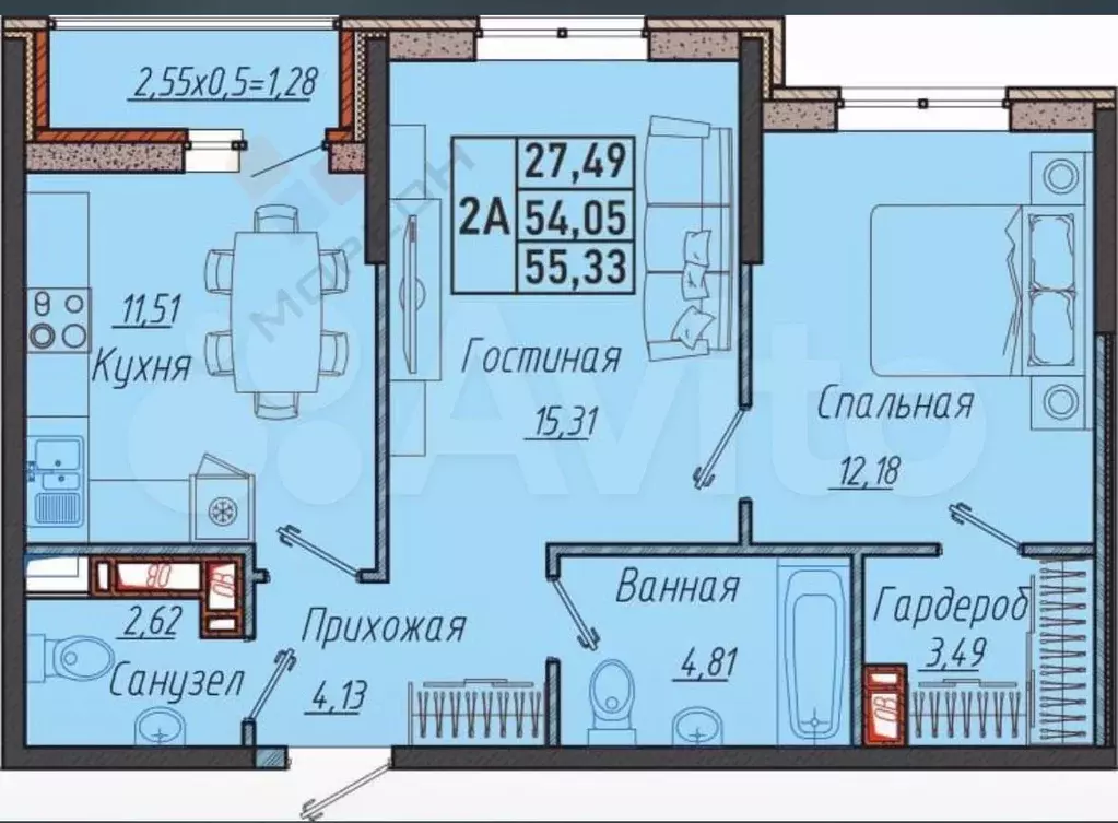 2-к. квартира, 54,7 м, 8/9 эт. - Фото 0