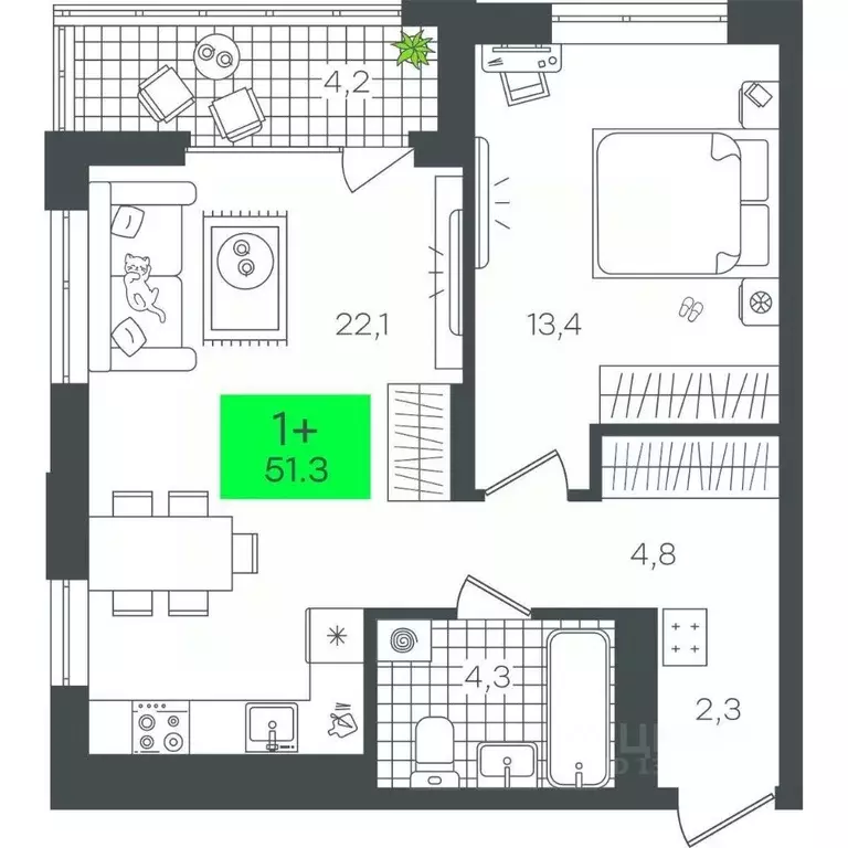 1-к кв. Тюменская область, Тюмень ул. Николая Глебова, 10 (51.38 м) - Фото 0