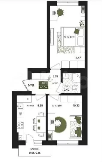 2-к. квартира, 40,1 м, 2/5 эт. - Фото 1