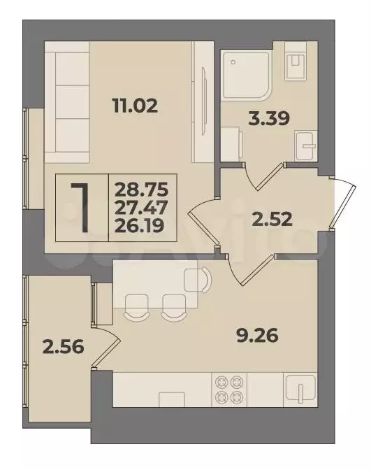 1-к. квартира, 27,5 м, 7/9 эт. - Фото 1