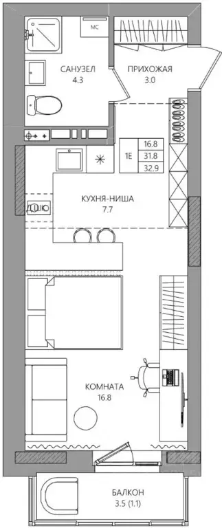 Студия Пермский край, Пермь Парковый просп., 36В (32.9 м) - Фото 0