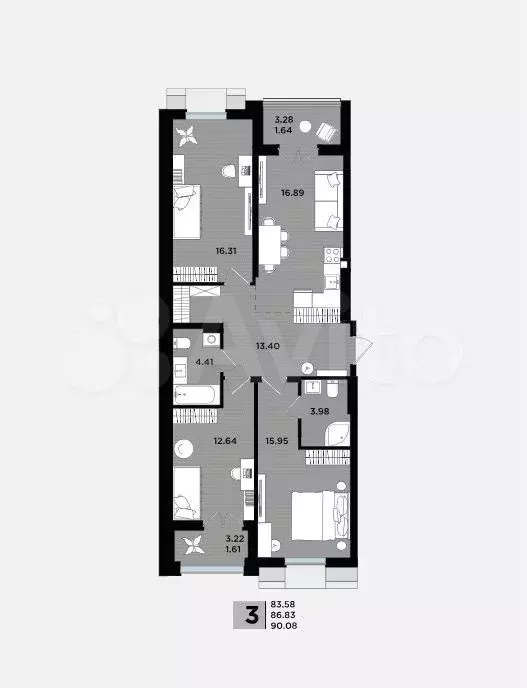 3-к. квартира, 86,8 м, 4/5 эт. - Фото 1