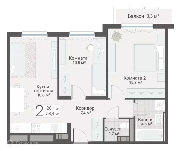 Продаётся 2-к квартира, 58.4 м - Фото 0