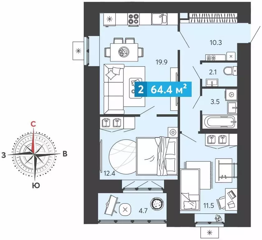 2-комнатная квартира: Засечное, микрорайон Город Спутник (64.4 м) - Фото 1