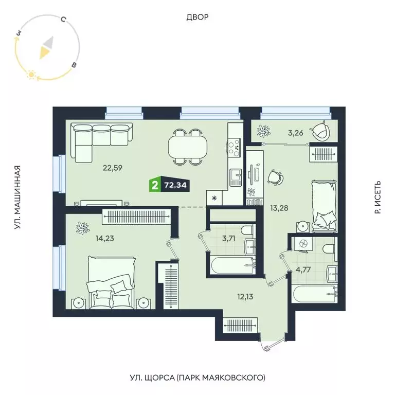 2-комнатная квартира: Екатеринбург, Машинная улица, 1В/4 (72.34 м) - Фото 1