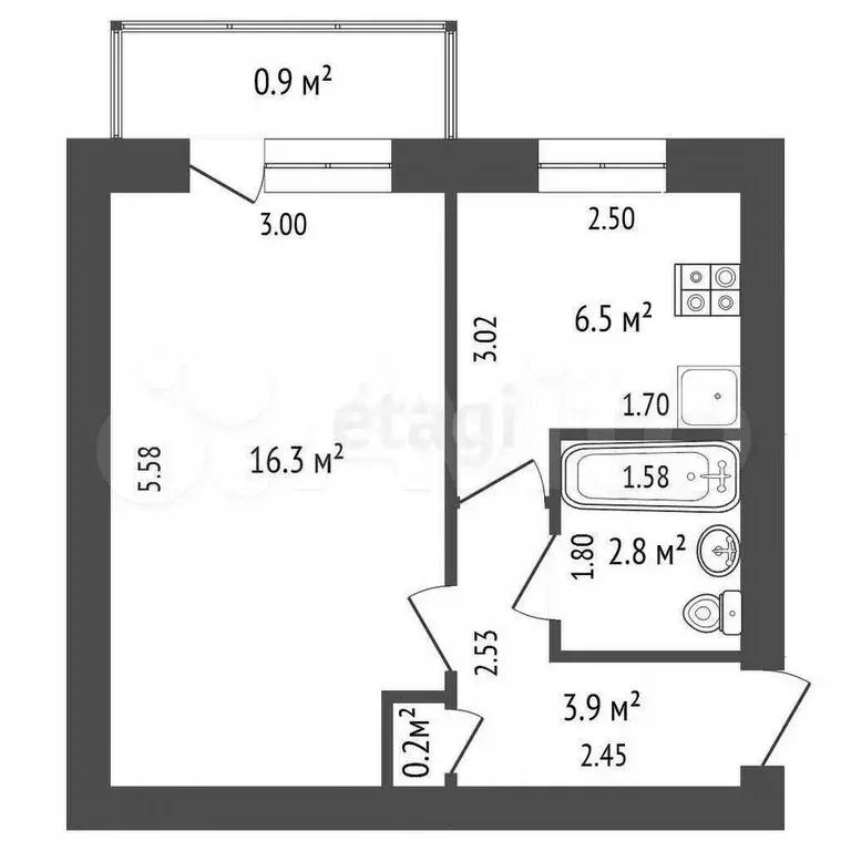 1-к. квартира, 30,8 м, 5/5 эт. - Фото 0