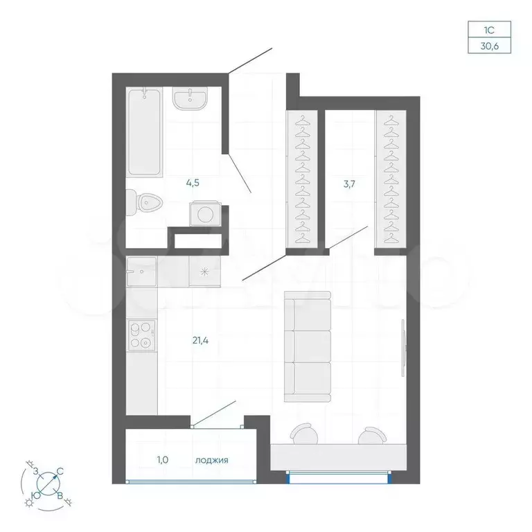 Квартира-студия, 30,2 м, 18/32 эт. - Фото 1