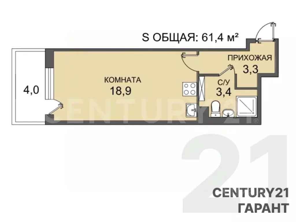 Студия Санкт-Петербург ул. Ивана Куликова, 4 (26.4 м) - Фото 2