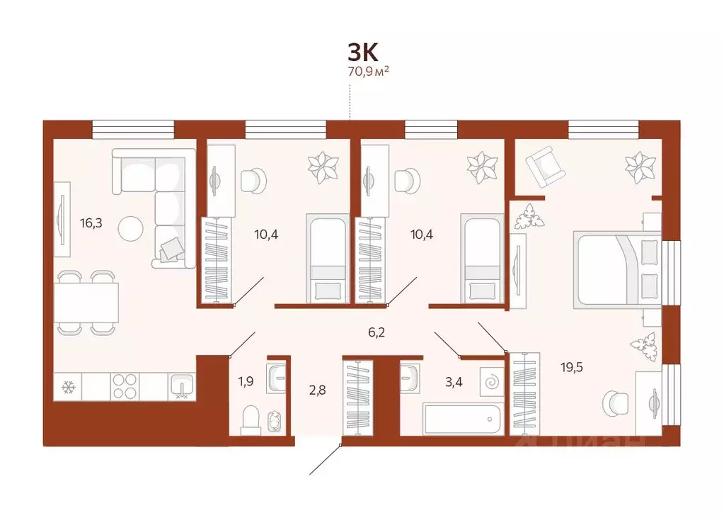 3-к кв. Тюменская область, Тюмень ул. Новаторов, 30 (70.85 м) - Фото 0