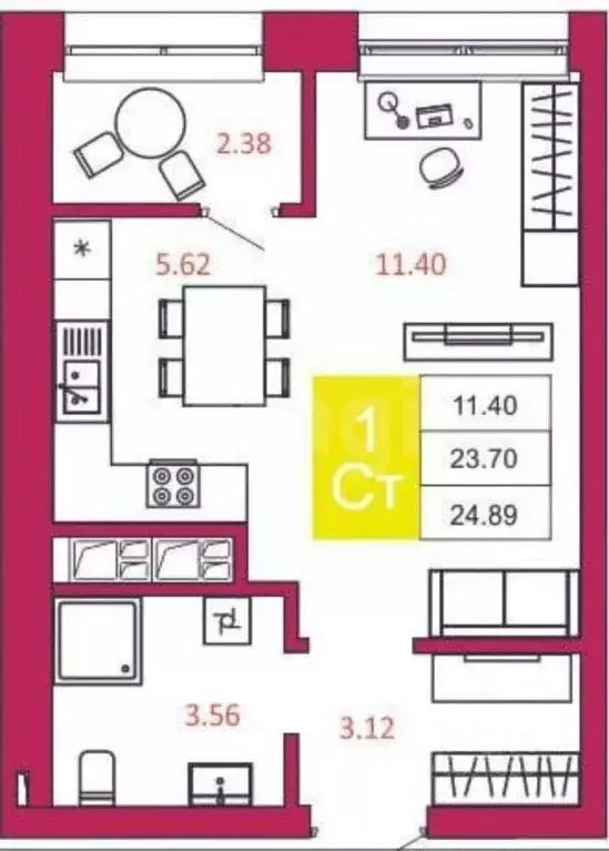 Студия Тульская область, Тула ш. Калужское, 20к2 (23.9 м) - Фото 2