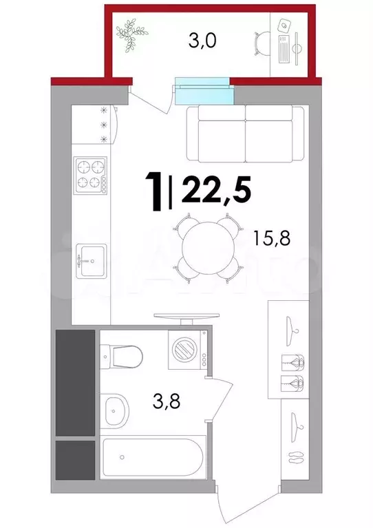 Квартира-студия, 22,5 м, 12/18 эт. - Фото 0