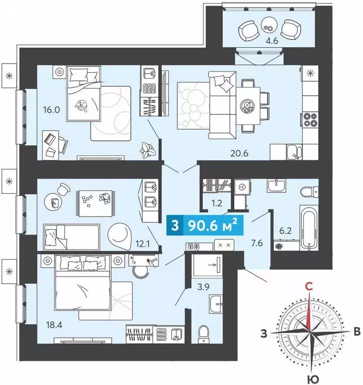 3-комнатная квартира: Засечное, микрорайон Город Спутник (90.6 м) - Фото 0