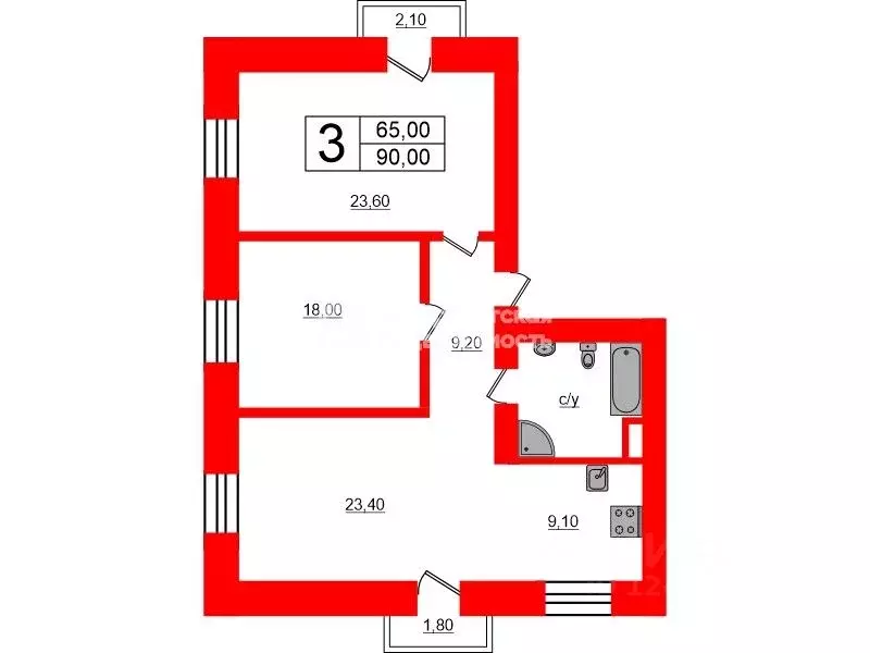 3-к кв. Санкт-Петербург Школьная ул., 15 (90.0 м) - Фото 2