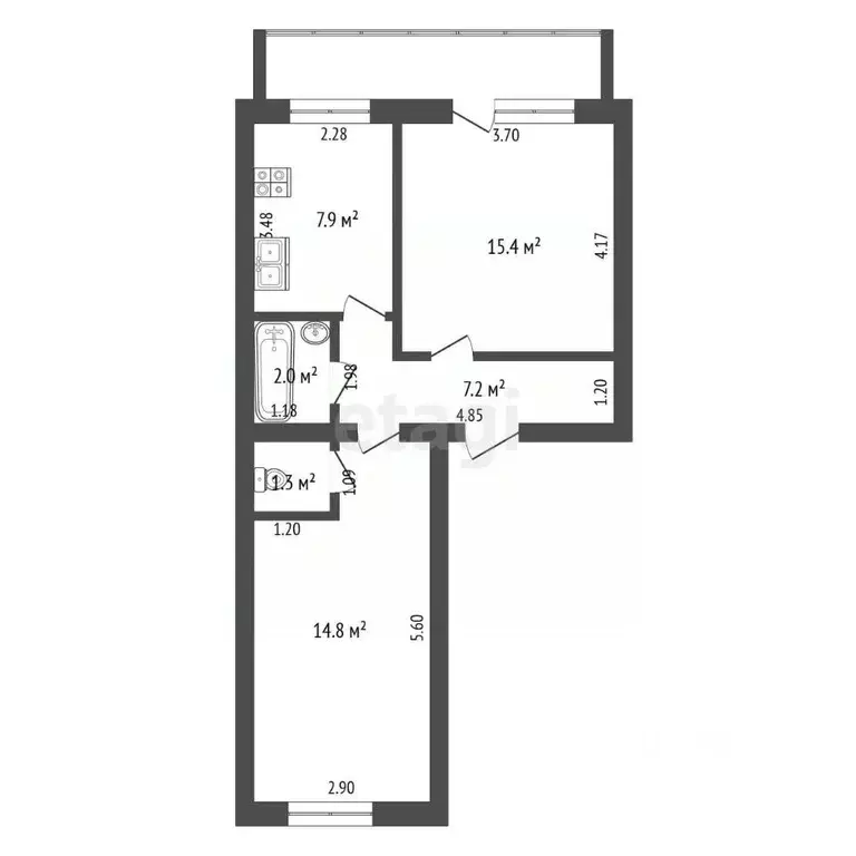 2-к кв. Саха (Якутия), Якутск ул. 50 лет Советской Армии, 31/7 (48.6 ... - Фото 1