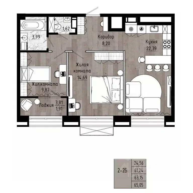2-к кв. Хабаровский край, Хабаровск Волочаевская ул., 156 (63.15 м) - Фото 1