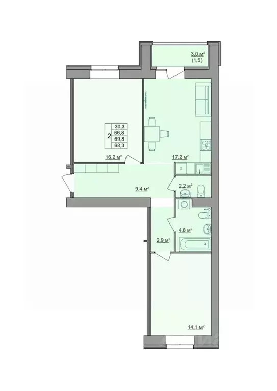 2-к кв. Костромская область, Кострома Магистральная ул., 49А (68.3 м) - Фото 1