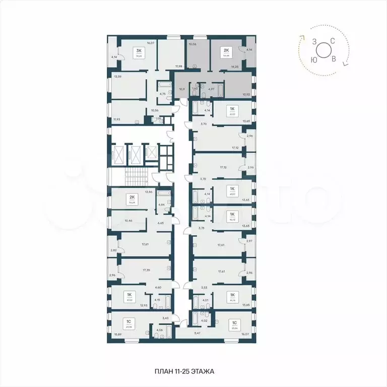 2-к. квартира, 56,4 м, 22/25 эт. - Фото 1