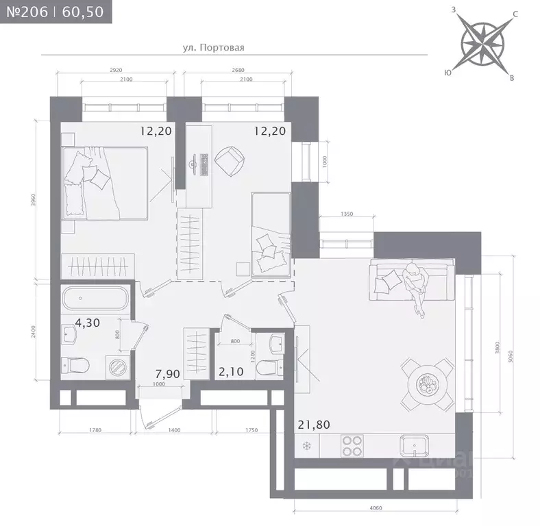 2-к кв. Татарстан, Казань 1712 жилой комплекс (60.5 м) - Фото 1