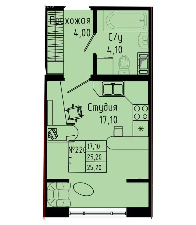 Квартира-студия: Коммунар, Железнодорожная улица, 41к2 (25.2 м) - Фото 1