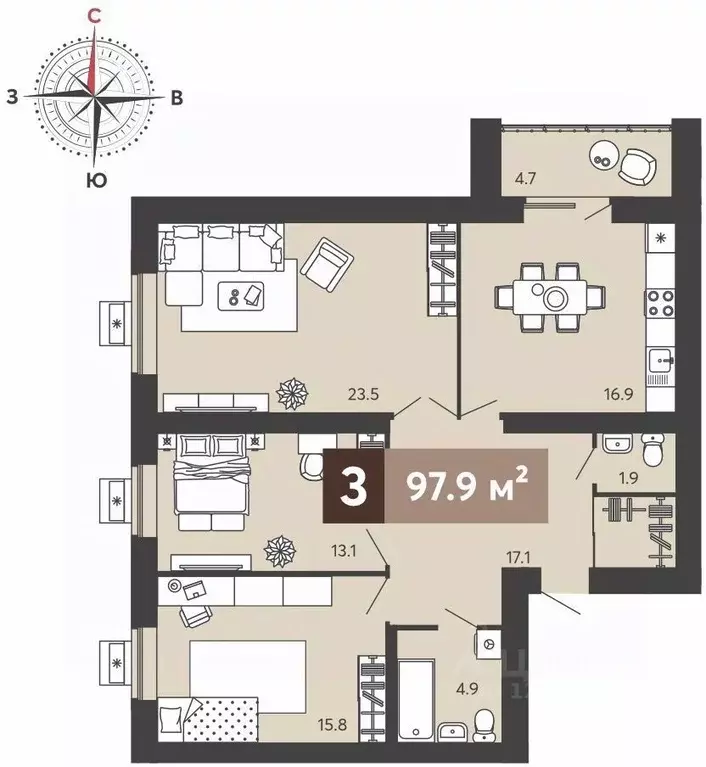 3-к кв. Пензенская область, Пенза ул. Щербакова, 69 (97.9 м) - Фото 1